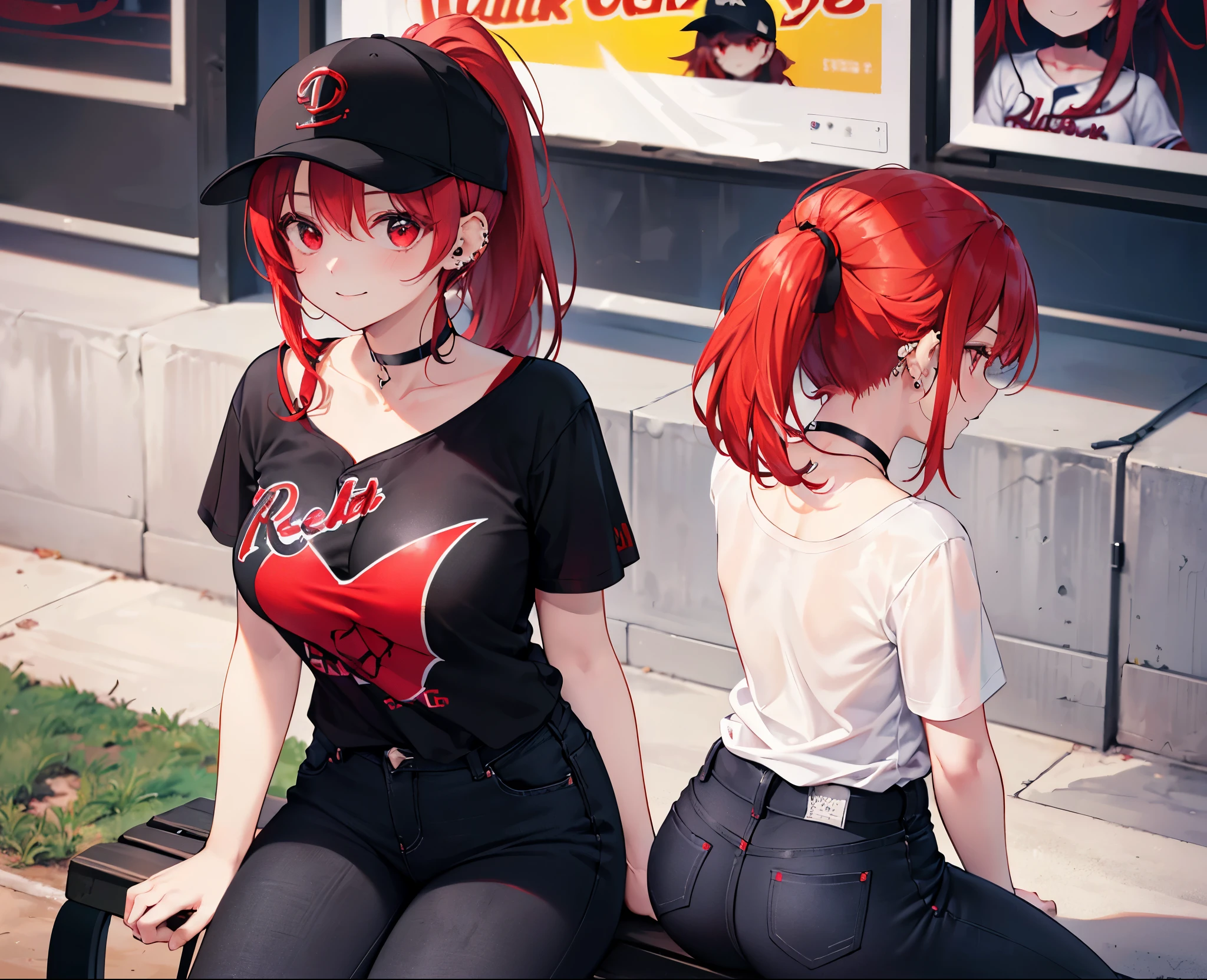 Realistic,Highest quality, Ultra Detail, High-quality CG rendering, The most delicate and beautiful, Floating softly, High resolution, (1 girl), (Highest quality,4K,8k,masterpiece:1.2),(All red hair:1.5), (ponytail:1.5),(Red eyes:1.5),(Slightly larger breasts:1.2), (Oversized black short sleeve t-shirt:1.5),(Black skinny jeans:1.5),(Black baseball cap:1.5),In the city,old buildings,Narrow back alley,(Sitting on a bench:1.3),smile,(Piercing in left ear:1.3),(Pitch black choker:1.5)