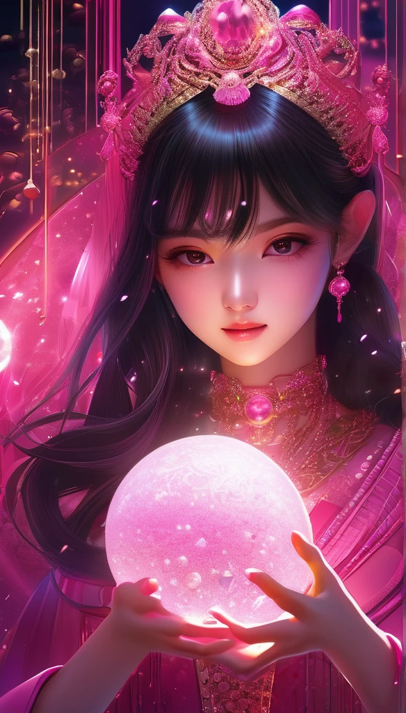 pretty girl,pink、A shining enchanting deity adorned with jewels、Holding a glowing sphere in your hand　Staring straight into the camera， in the center，Very bright color, Particles of light, The light shines, disaster, Wallpaper Art, UHD wallpaper、Background pink、Mysterious、A shining pink aura、Upper body close-up