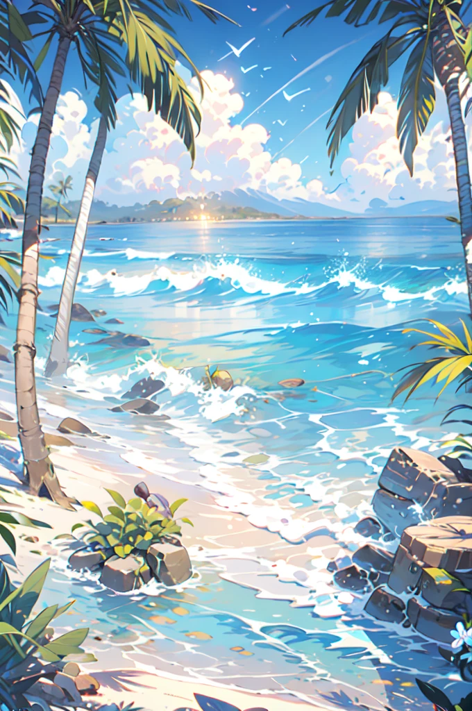 hawaii resort, Palm trees, tide, sandy beach, traditional wooden building