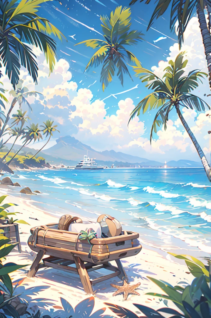 hawaii resort, Palm trees, tide, sandy beach, traditional wooden building