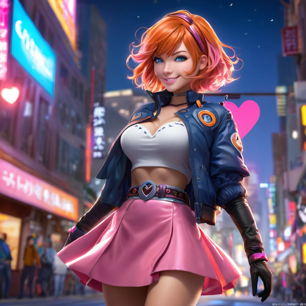 1girl,cowboy shot, beautiful nora_valkyrie, looking at viewer, smile, short hair, blue eyes,heart cutout, gloves, jacket, pink skirt, pink belt, short sleeves, puffy sleeves, single armband, fingerless gloves, orange hair, pink gloves, dynamic pose, night, outdoors, city, (volumetric lighting), best quality, masterpiece, intricate details, tonemapping, sharp focus, hyper detailed, trending on Artstation