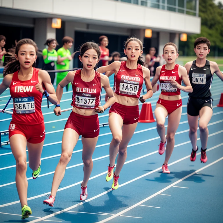 SFW, ExtremelyDetailed (((Track Athlete Kids group in a row:1.4))), Childish perfect face, Reflective Eyes, Detailed(Delicate Clothing textures), Corrected Leg to Foot Line, Detailed Perfect Hand, Dynamic Joyful Expressions LifeLike Rendering, ((Specular Reflection:1.2)), mirrors, TopQuality 8K Ultra-detailed masterpiece (ProfessionalPhoto:1.37)(Acutance:0.8),(Luminism)