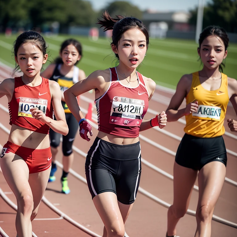 SFW,  ExtremelyDetailed (((Track Athlete Kids group in a row:1.4))), Childish perfect face, Reflective Eyes, Detailed(Delicate Clothing textures), Corrected Leg to Foot Line, Detailed Perfect Hand, Dynamic Joyful Expressions LifeLike Rendering, ((Specular Reflection:1.2)), mirrors, TopQuality 8K Ultra-detailed masterpiece (ProfessionalPhoto:1.37)(Acutance:0.8),(Luminism)