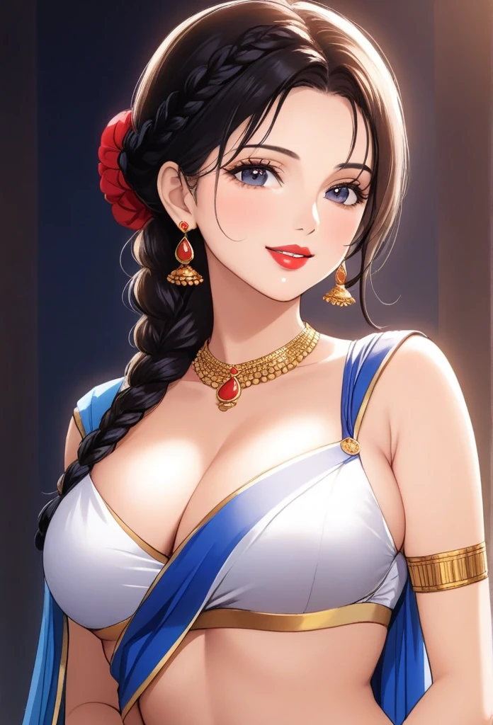 ((1woman, mature,single hair braid,saree, big long jhumka earrings , detailed alluring eyes, smooth detailed lips, beautiful face, smiling ,red lipstick ,navel,bangles,blue ribbon, average breasts