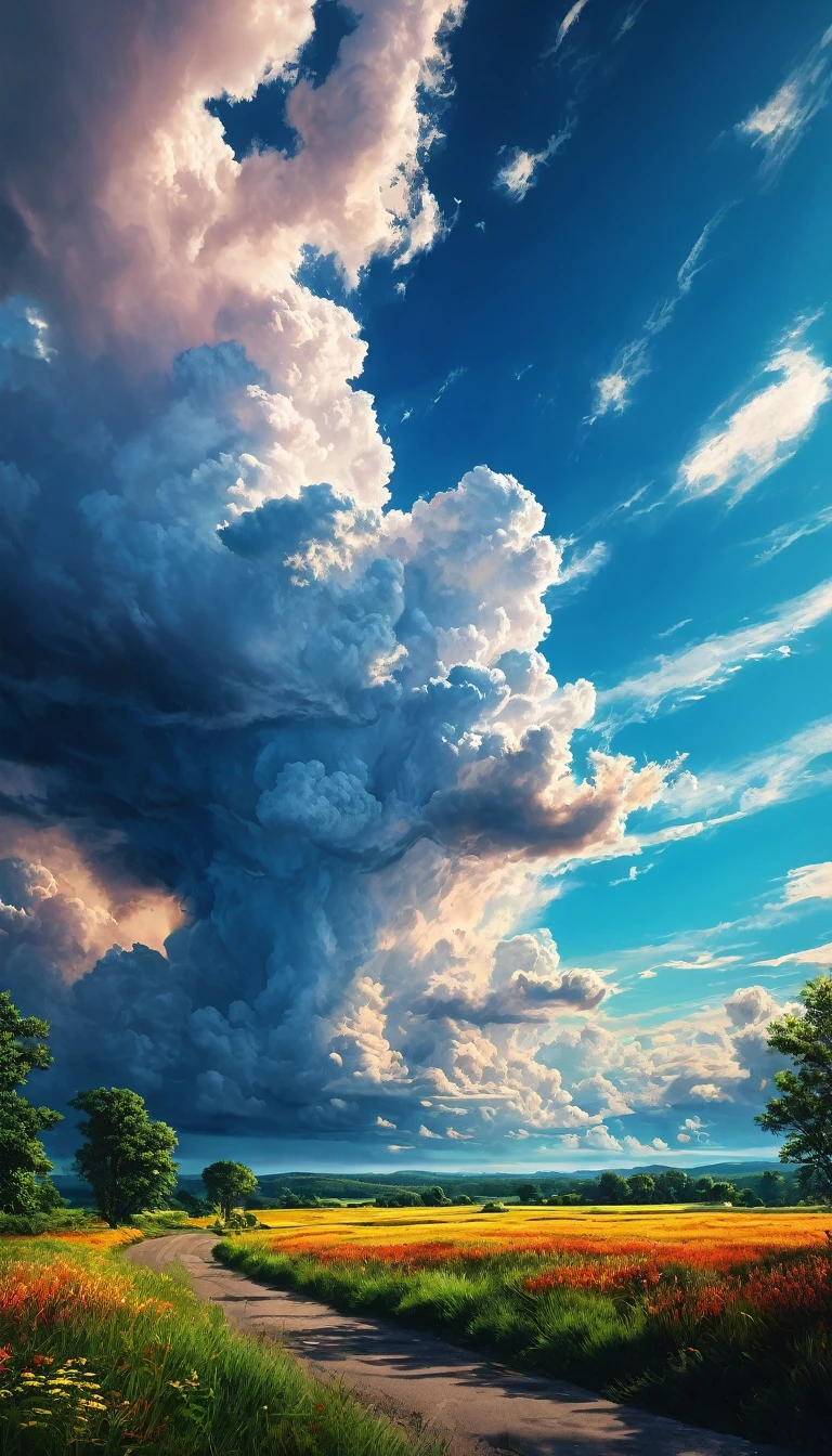 Summer sky,Realistic,Very realistic,Extreme Detail,Breathtakingly realistic,High contrast realism,High Saturation Realism,Vibrant colors,Dramatic lighting,Fascinating landscape,Persuasive storytelling,Atmospheric scenery,Fascinating footage,Intricate details,Strong emotions,Heavenly Beauty,A dreamlike world