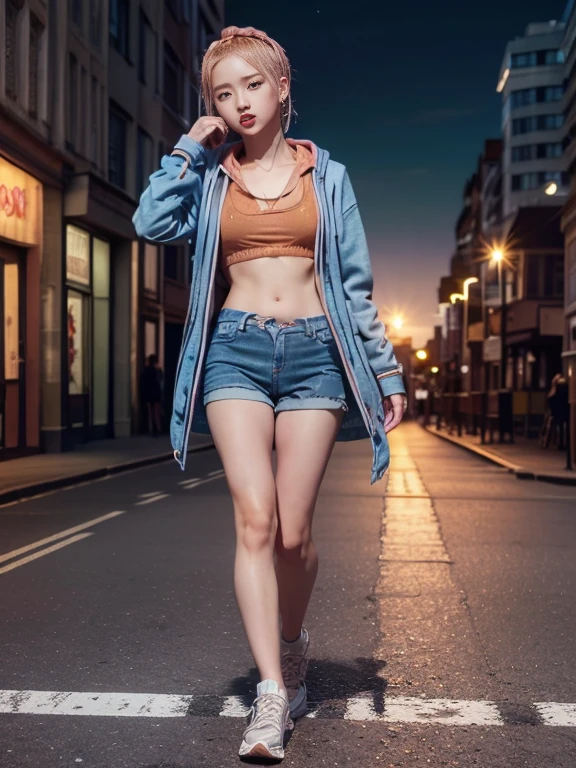 masterpiece: 1.4, (8K, Reality, RAW photograph, best quality: 1.4), bright lighting, beautiful detailed eyes, real skin:1.3, Beautiful skins, Attractive, high resolution, Ultra photo realism, Detailed: 1.4, ((hoodie:1.6, denim shorts:1.6, sport shoes:1.6)), slim body:1.3, small breast, slim legs:1.5, dynamic pose, ((standing in the middle of city streets:1.5)), (symmetrical cityscape), ((sunset:1.5)), (backlighting:1.6), (Manhattanhenge), (show head:2.0), (low angle), (wide angle), smiling, (blonde hair:1.3), 1girl, (rose blackpink)