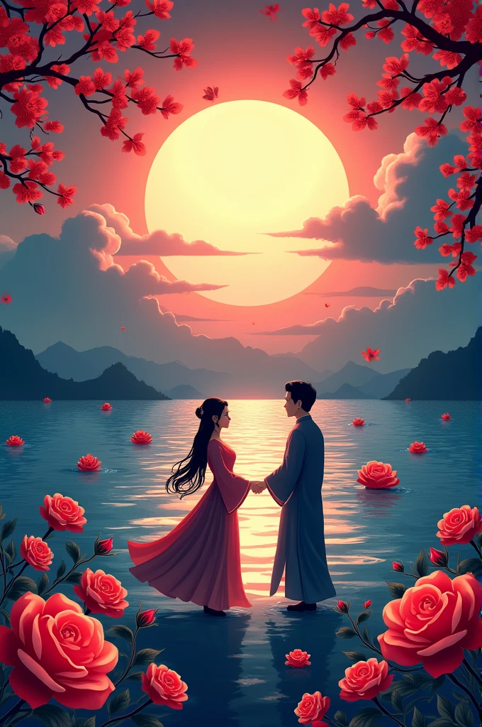 A poster for the ”Chinese Valentine‘s Day“ festival, featuring an ocean scene with roses floating on it and silhouettes of two people holding hands in traditional costumes. the moonlit sky is decorated with red flowers. At night, a huge sun rises from behind the clouds, casting light over everything around in the style of traditional,Paper cutting art style