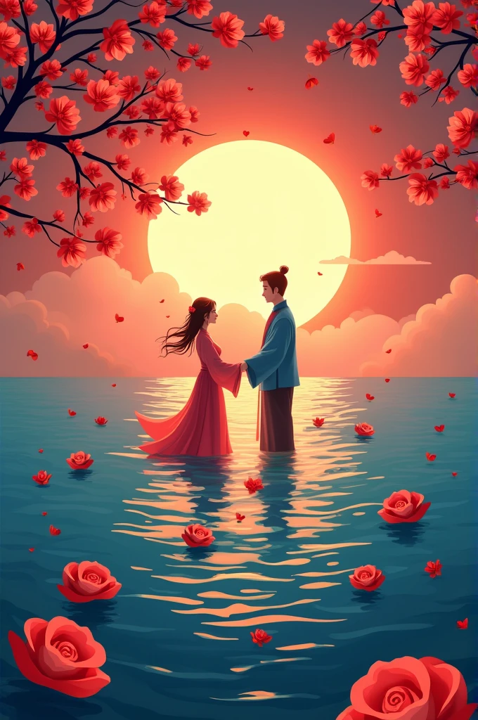 A poster for the ”Chinese Valentine‘s Day“ festival, featuring an ocean scene with roses floating on it and silhouettes of two people holding hands in traditional costumes. the moonlit sky is decorated with red flowers. At night, a huge sun rises from behind the clouds, casting light over everything around in the style of traditional，Paper cutting art style