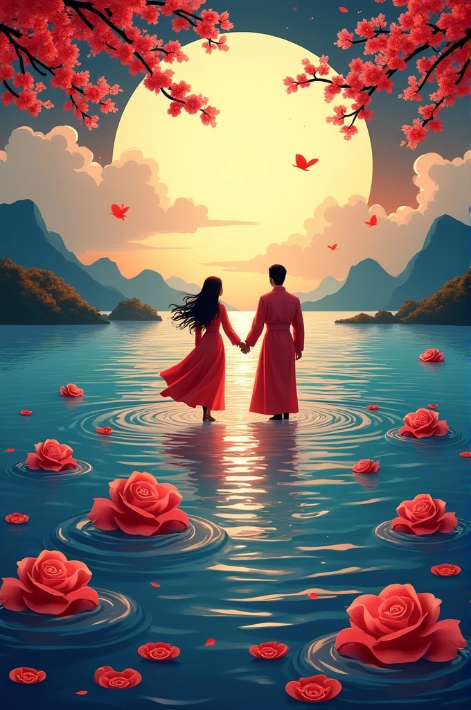 A poster for the ”Chinese Valentine‘s Day“ festival, featuring an ocean scene with roses floating on it and silhouettes of two people holding hands in traditional costumes. the moonlit sky is decorated with red flowers. At night, a huge sun rises from behind the clouds, casting light over everything around in the style of traditional,Paper cutting art style