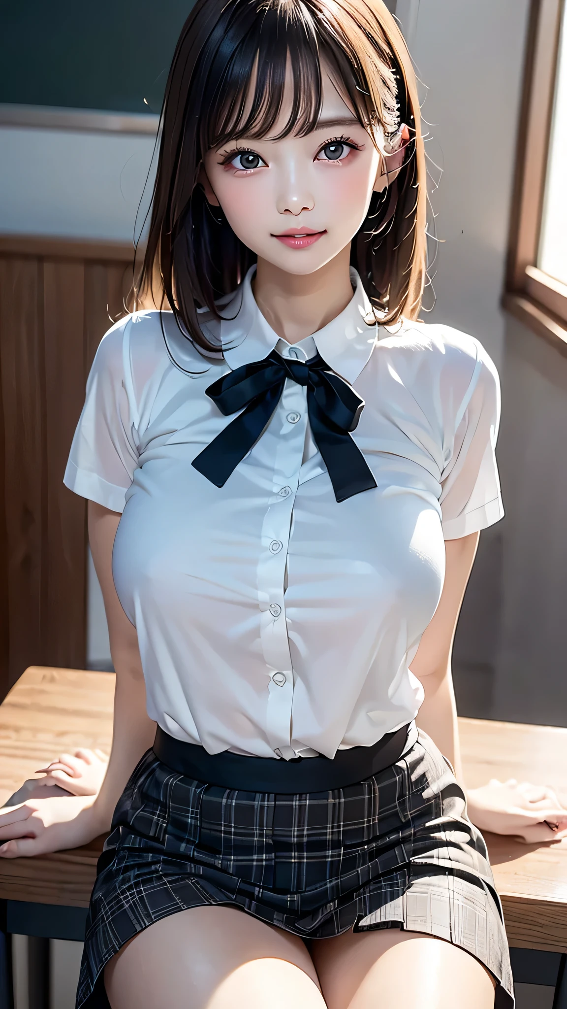 (classroom), (Beautiful and vibrant background), ((((Huge_chest)))), (A fitted white short-sleeved collared shirt:1.2), (Checkered Pleated Skirt:1.1), (Chest cleavage), (Beautiful black eyes down to the last detail), (Sit at a desk), (Attractive thighs:1.3), (Full Body Shot:1.1), Big eyes, (Heart shaped eyes), (1 girl), (Beautiful Face), Perfect Face, (High nose), Laugh a little, Embarrassing, Highest quality, High resolution, (Beautiful mature girl), (original), (masterpiece), (Very nice and beautiful), (Perfect detail), (Unity CG 8K Wallpaper), (Portraiture:1.2), (Bobcut),