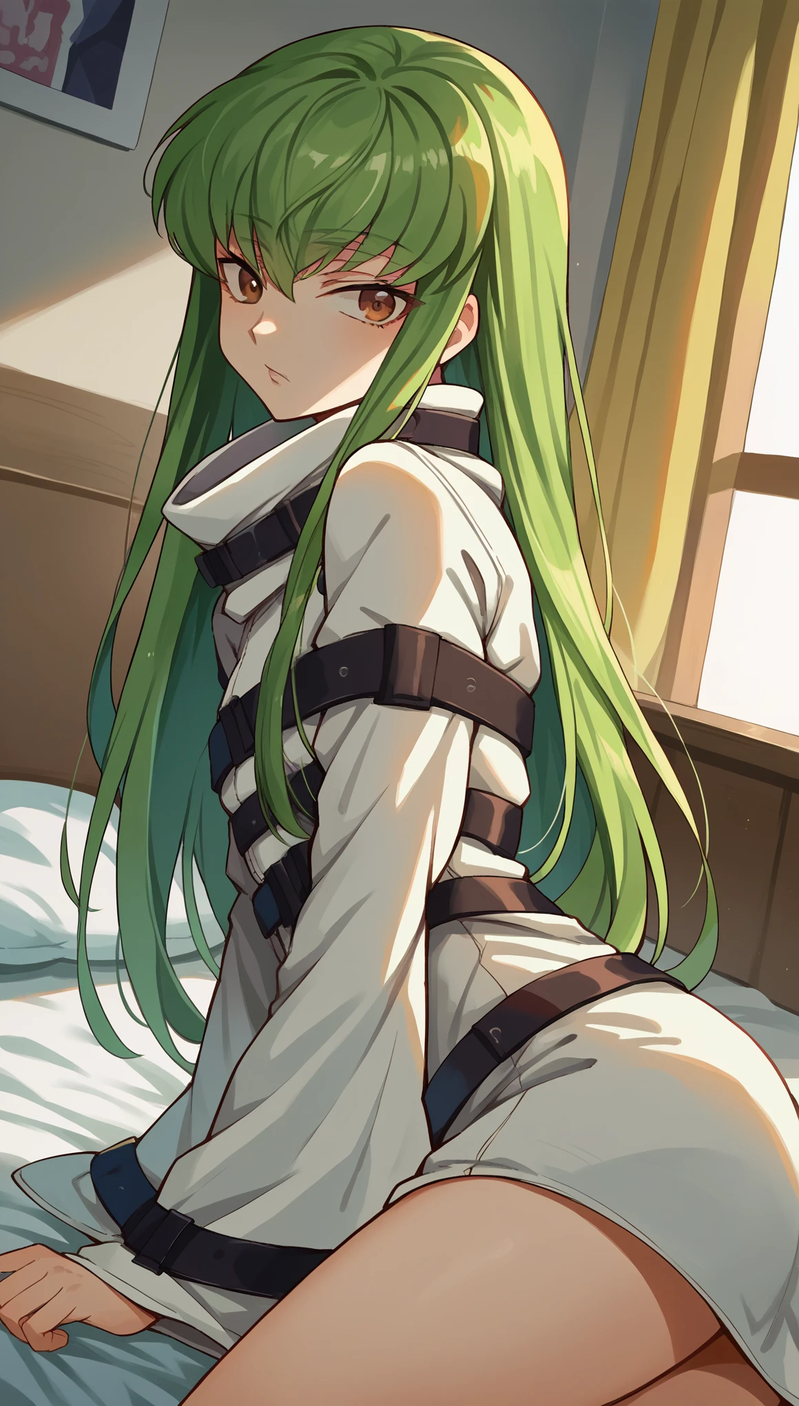 score_9, score_8_up, score_7_up, source_anime,
codegeasscc, cc, brown eyes, green hair, long hair, straight hair,
straitjacket, white straitjacket, wide sleeves,
indoors, bed, bed room, on side,
looking at viewer, dutch angle, cowboy shot,