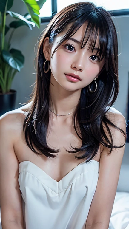 ((Completely naked))beautiful, calm and bright look、Refreshing look、完璧なbeautifulcute顔、Very bright、Long bangs between the eyes、Long black hair straight hair、とてもcute、beautifully、Young  woman、非常に完璧なbeautifulcute顔、、Real17歳女性、cute,((Small breasts：1.4))、(()) And a very slim figure,Very thin leganicules、Earrings、Pink Lip、choker、Real、Highest quality、Detailed face、Detailed Background、Depth of written boundary、alone、night,Highest quality、High resolution、超High resolution（Real：1.4）Detailed eyes、Gradation、Perfect anatomical figure、Woman with perfect body、Highly detailed skin、非常にDetailed face、細部までbeautiful目、Background blur、whole body viewing angle、