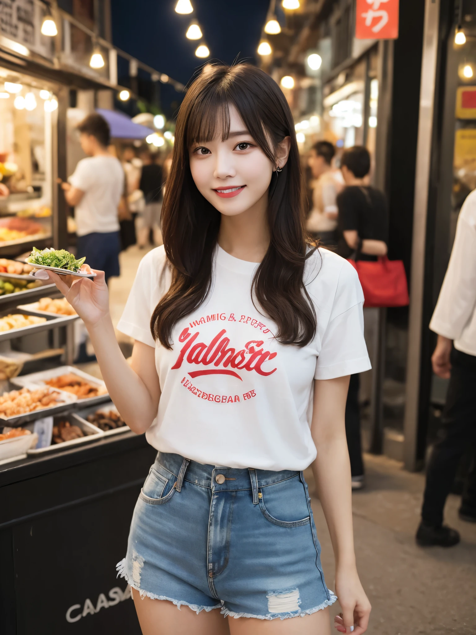 1girl, solo, highres, best_quality, masterpiece, detailed_background, intricate_details, beautiful, taipei, night_market, night, neon_lights, street_food, market, bustling, smile, looking_at_viewer, dynamic_pose, natural_pose, candid, happy, casual_clothes, trendy_clothes, modern_fashion, summer_clothes, white_t-shirt, denim_shorts, short_bob