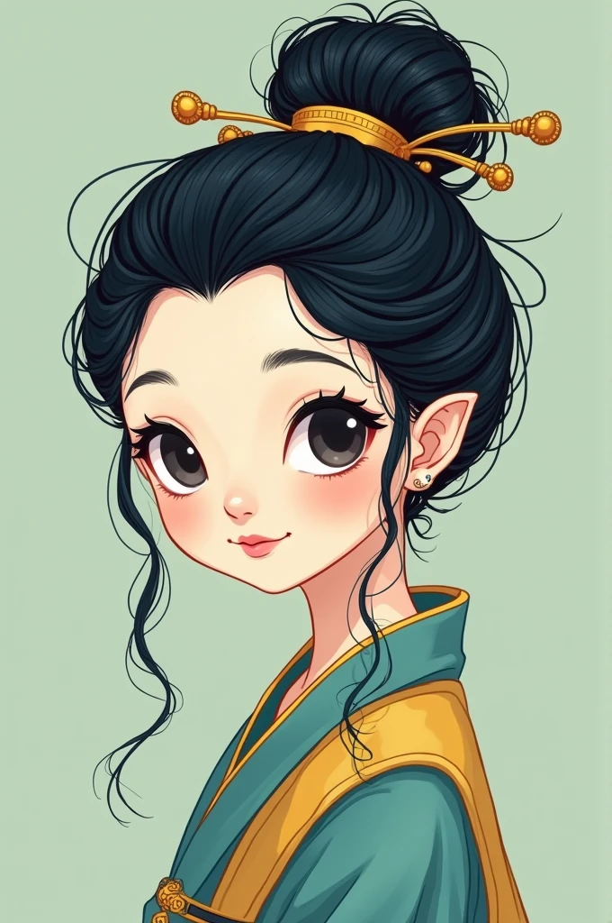 A Gongbi drawing,The picture shows a black-haired Chinese cartoon girl, Qing dynasty style, Exquisite headdress, Cute face, close up, Cartoon print style, Minimalist portrait, Animated GIFs, Rich details, Clear lines, Elf, Navy blue、Yellow and light cyan, Matte light green background