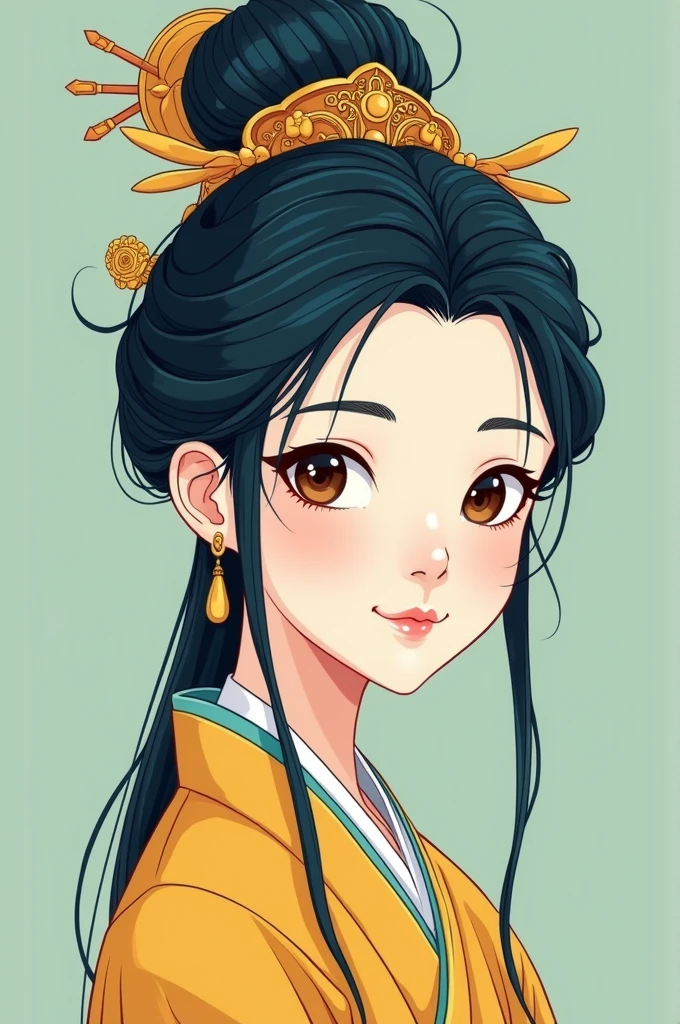 A Gongbi drawing，The picture shows a black-haired Chinese cartoon girl, Qing dynasty style, Exquisite headdress, Cute face, close up, Cartoon print style, Minimalist portrait, Animated GIFs, Rich details, Clear lines, Elf, Navy blue、Yellow and light cyan, Matte light green background