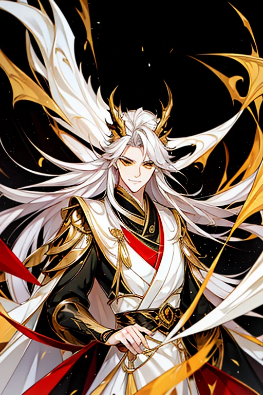 Handsome, solo, 1 male, long hair, white hair , yellow eyes, black shirt, black suit, Hanfu with red dragon patterns and gold edges highlighting the aura of a leader, golden horns, best quality, 16k, masterpiece, detailed face drawing, with two arms and two legs, manhua character.
