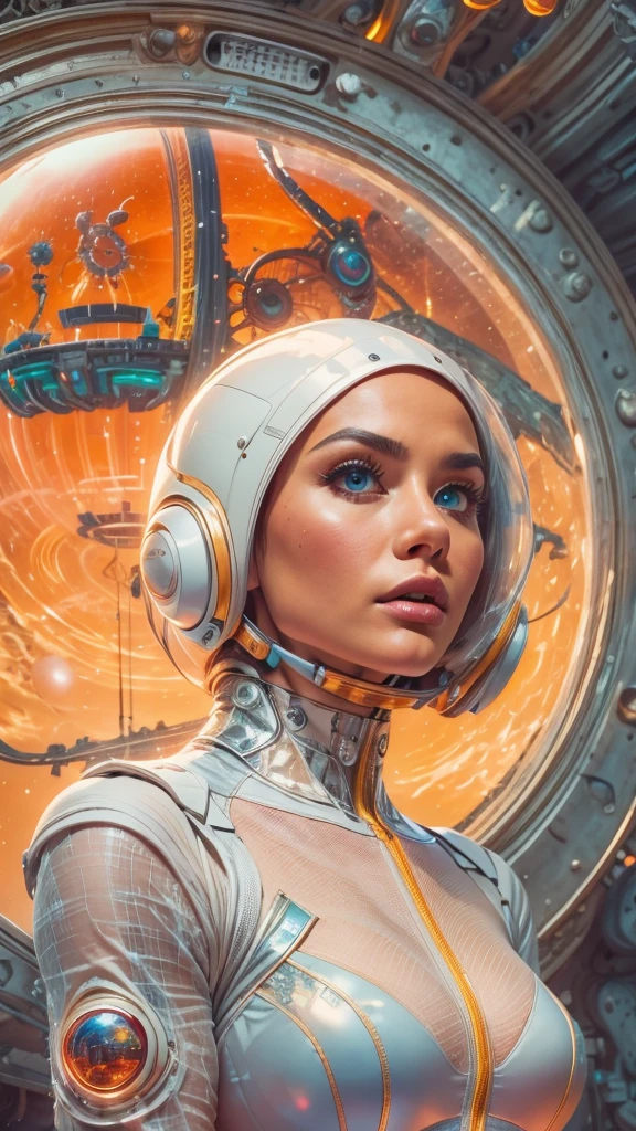 arafed image of a white woman in a futuristic suit with a spaceship in the background, movie art, in front of an orange background, inspired by Robert McGinnis, female protagonist, megastructure in the background, portrait of an ai astronaut, astronauts, an astronaut, portrait of a astronaut skeletor, perfect android girl, detailed eyes, perfectly detailed teeth, frank franzzeta and sakimichan  