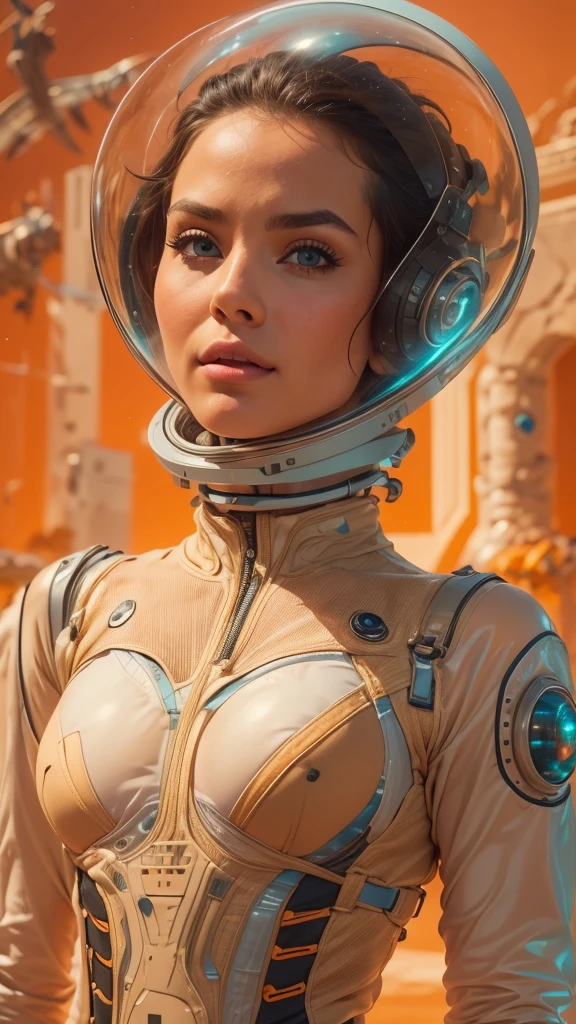 arafed image of a white woman in a futuristic suit with a spaceship in the background, movie art, in front of an orange background, inspired by Robert McGinnis, female protagonist, megastructure in the background, portrait of an ai astronaut, astronauts, an astronaut, portrait of a astronaut skeletor, perfect android girl, detailed eyes, perfectly detailed teeth, frank franzzeta and sakimichan