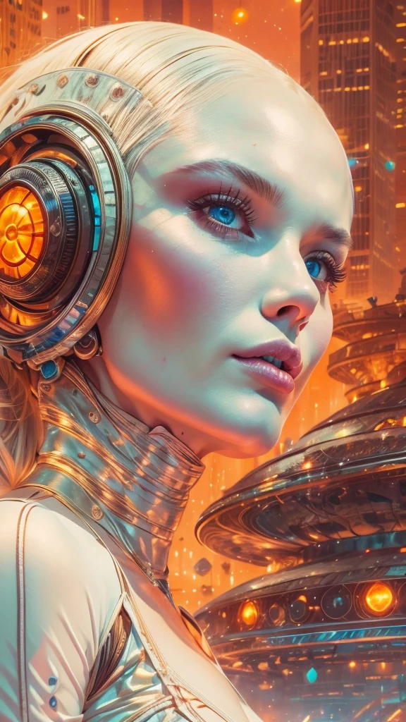 arafed image of a white woman in a futuristic suit with a spaceship in the background, movie art, in front of an orange background, inspired by Robert McGinnis, female protagonist, megastructure in the background, portrait of an ai astronaut, astronauts, an astronaut, portrait of a astronaut skeletor, perfect android girl, detailed eyes, perfectly detailed teeth, frank franzzeta and sakimichan