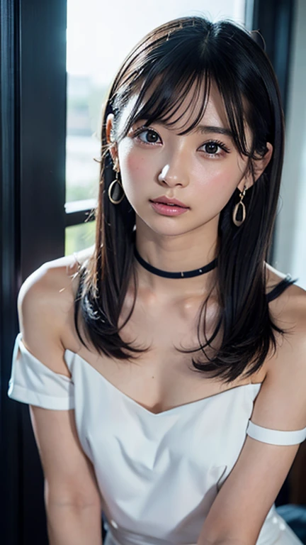 ((Completely naked))beautiful, calm and bright look、Refreshing look、完璧なbeautifulcute顔、Very bright、Long bangs between the eyes、Long black hair straight hair、とてもcute、beautifully、Young little woman、非常に完璧なbeautifulcute顔、、Real***女性、cute,((Small breasts：1.4))、(()) And a very slim figure,Very thin leganicules、Earrings、Pink Lip、choker、Real、Highest quality、Detailed face、Detailed Background、Depth of written boundary、alone、night,Highest quality、High resolution、超High resolution（Real：1.4）Detailed eyes、Gradation、Perfect anatomical figure、Woman with perfect body、Highly detailed skin、非常にDetailed face、細部までbeautiful目、Background blur、whole body viewing angle、