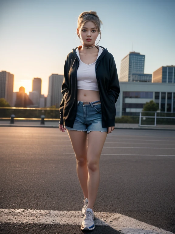 masterpiece: 1.4, (8K, Reality, RAW photograph, best quality: 1.4), bright lighting, beautiful detailed eyes, real skin:1.3, Beautiful skins, Attractive, high resolution, Ultra photo realism, Detailed: 1.4, ((hoodie:1.6, denim shorts:1.6, sport shoes:1.6)), slim body:1.3, small breast, slim legs:1.5, dynamic pose, ((standing in the middle of city streets:1.5)), (symmetrical cityscape), ((sunset:1.5)), (backlighting:1.6), (Manhattanhenge), (show head:2.0), (low angle), (wide angle), smiling, (blonde hair:1.3), 1girl, (rose blackpink)