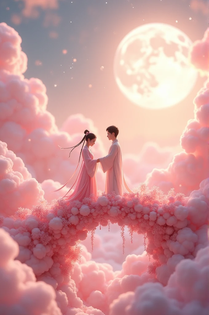 In a vast 3D universe,The Cowherd and the Weaver Girl stand on a magpie bridge made of soft pink clouds。Traditional Chinese ancient clothing,Traditional arch bridge,These clouds are fluffy and soft,As if just plucked from the sky,Each flower has a delicate texture and slight elasticity.。The edge of the magpie bridge is still hung with strings of glittering pearl-like dewdrops.,About to drip。Huge Moon。The starry sky around,Stars are not the usual sharp points of light,But each one is round and full、A ball of light woven from soft threads of light,Exudes a soft and warm glow,Like freshly baked marshmallows。The clothes worn by the Cowherd and the Weaver Girl are made of silk that is as light as mist.,When the wind blows,The folds of silk flow naturally like water ripples,The edges of the clothing are inlaid with fluffy white down.,Adds a bit of warmth and romance。Their hair is not a rigid line.,But a strand of silky soft、Slightly curly filaments,As if I could feel the gentle breeze。Clay Style。