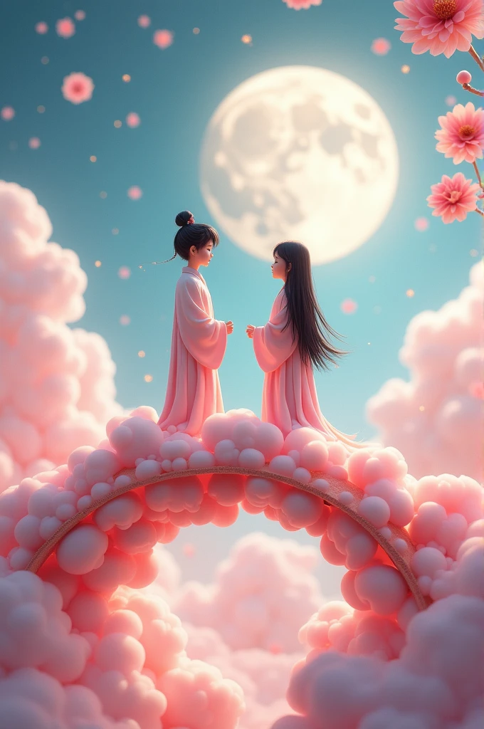 In a vast 3D universe，The Cowherd and the Weaver Girl stand on a magpie bridge made of soft pink clouds。Traditional Chinese ancient clothing，Traditional arch bridge，These clouds are fluffy and soft，As if just plucked from the sky，Each flower has a delicate texture and slight elasticity.。The edge of the magpie bridge is still hung with strings of glittering pearl-like dewdrops.，About to drip。Huge Moon。The starry sky around，Stars are not the usual sharp points of light，But each one is round and full、A ball of light woven from soft threads of light，Exudes a soft and warm glow，Like freshly baked marshmallows。The clothes worn by the Cowherd and the Weaver Girl are made of silk that is as light as mist.，When the wind blows，The folds of silk flow naturally like water ripples，The edges of the clothing are inlaid with fluffy white down.，Adds a bit of warmth and romance。Their hair is not a rigid line.，But a strand of silky soft、Slightly curly filaments，As if I could feel the gentle breeze。Clay Style。