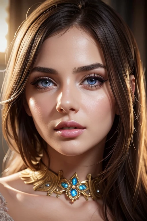 beautiful detailed eyes, beautiful detailed lips, extremely detailed eyes and face, long eyelashes, 1 girl, busty, lush, sensual, elegant, posing, tempting, photorealistic, high quality, bright colors, studio lighting, cinematic lighting, Warm color tone, dramatic lighting, complex parts, ultra detailed, hyperrealistic, masterpiece