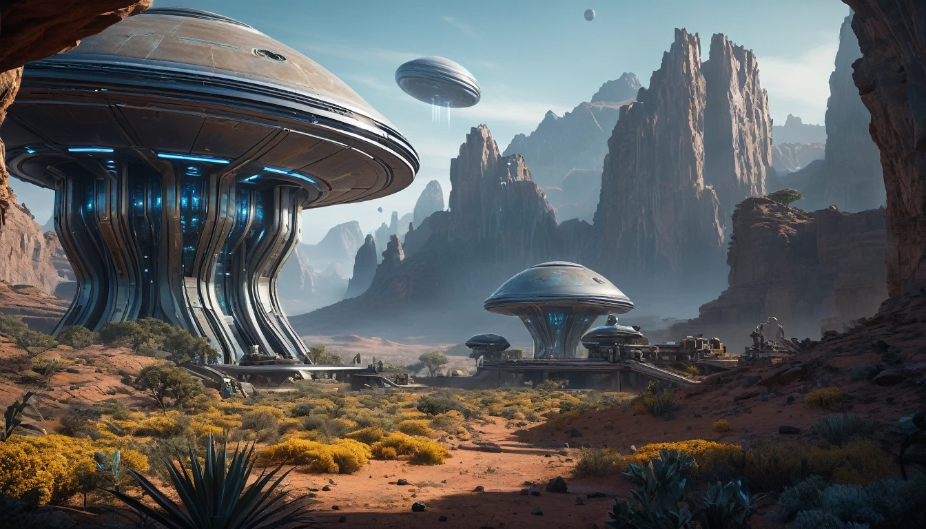 An off-world outpost in the best quality, 4k, 8k, highres, and a masterpiece with a scaling factor of 1.2, presenting ultra-detailed and realistic visuals. The outpost is set in an unknown distant planet, revealing a highly advanced civilization and cutting-edge technology. 

The main focus is a futuristic structure, gleaming with metallic materials and smooth surfaces. Its architectural design showcases a blend of geometric precision and organic curves, suggesting both elegance and efficiency. The outpost stands tall, emitting a soft, neon-like glow that contrasts beautifully with the dark, mysterious landscape surrounding it.

A bustling atmosphere fills the scene, with fully rendered humanoid robots gliding seamlessly through the environment. Their sophisticated appearances include intricate details such as glistening circuit patterns and delicately moving joints. The robots efficiently perform tasks, demonstrating their seamless integration into the outpost's operations.

In the background, sprawling alien flora can be seen, with vibrant colors and unusual shapes. These plants emit a subtle bioluminescent glow, creating an otherworldly ambiance. The air is tinged with a mix of fresh scents and metallic undertones, suggesting the presence of advanced life-support systems within the outpost.

The lighting in the scene is atmospheric and captivating. Variations of soft, diffused light pour from strategically placed sources, casting gentle shadows that enhance the three-dimensional feel of the outpost and its surroundings. The interplay of light and shadow adds depth and realism to the visual narrative.

The overall color palette is a harmonious blend of cool and warm tones. The metallic structures exhibit shades of metallic silver and hints of iridescent blues, evoking a sense of technological advancement and sophistication. The surrounding landscape and alien flora feature soft pastel hues, showcasing the beauty and diversity of the off-world environment.

