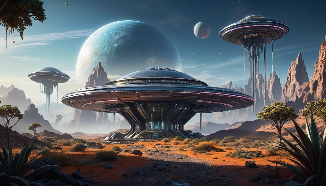 An off-world outpost in the best quality, 4k, 8k, highres, and a masterpiece with a scaling factor of 1.2, presenting ultra-detailed and realistic visuals. The outpost is set in an unknown distant planet, revealing a highly advanced civilization and cutting-edge technology. 

The main focus is a futuristic structure, gleaming with metallic materials and smooth surfaces. Its architectural design showcases a blend of geometric precision and organic curves, suggesting both elegance and efficiency. The outpost stands tall, emitting a soft, neon-like glow that contrasts beautifully with the dark, mysterious landscape surrounding it.

A bustling atmosphere fills the scene, with fully rendered humanoid robots gliding seamlessly through the environment. Their sophisticated appearances include intricate details such as glistening circuit patterns and delicately moving joints. The robots efficiently perform tasks, demonstrating their seamless integration into the outpost's operations.

In the background, sprawling alien flora can be seen, with vibrant colors and unusual shapes. These plants emit a subtle bioluminescent glow, creating an otherworldly ambiance. The air is tinged with a mix of fresh scents and metallic undertones, suggesting the presence of advanced life-support systems within the outpost.

The lighting in the scene is atmospheric and captivating. Variations of soft, diffused light pour from strategically placed sources, casting gentle shadows that enhance the three-dimensional feel of the outpost and its surroundings. The interplay of light and shadow adds depth and realism to the visual narrative.

The overall color palette is a harmonious blend of cool and warm tones. The metallic structures exhibit shades of metallic silver and hints of iridescent blues, evoking a sense of technological advancement and sophistication. The surrounding landscape and alien flora feature soft pastel hues, showcasing the beauty and diversity of the off-world environment.

