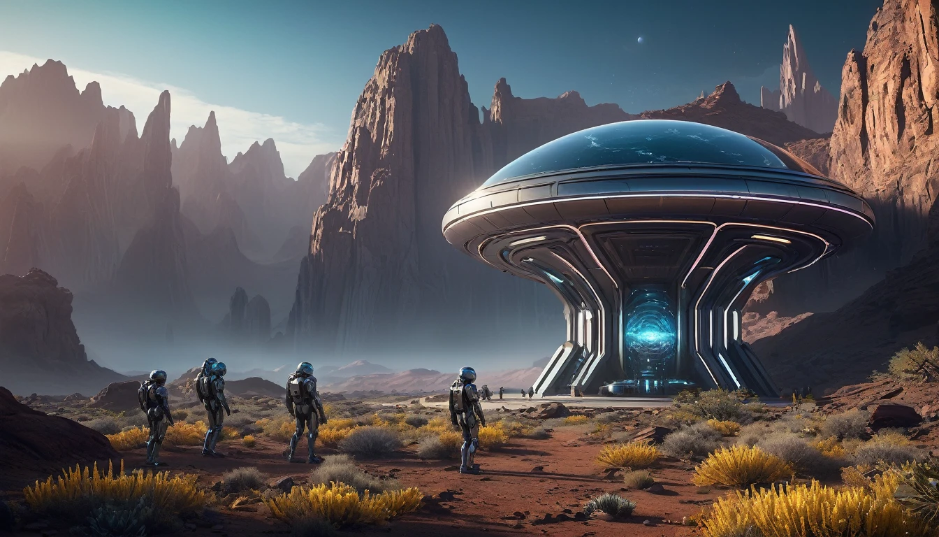 An off-world outpost in the best quality, 4k, 8k, highres, and a masterpiece with a scaling factor of 1.2, presenting ultra-detailed and realistic visuals. The outpost is set in an unknown distant planet, revealing a highly advanced civilization and cutting-edge technology.
The main focus is a futuristic structure, gleaming with metallic materials and smooth surfaces. Its architectural design showcases a blend of geometric precision and organic curves, suggesting both elegance and efficiency. The outpost stands tall, emitting a soft, neon-like glow that contrasts beautifully with the dark, mysterious landscape surrounding it.
A bustling atmosphere fills the scene, with fully rendered humanoid robots gliding seamlessly through the environment. Their sophisticated appearances include intricate details such as glistening circuit patterns and delicately moving joints. The robots efficiently perform tasks, demonstrating their seamless integration into the outpost's operations.
In the background, sprawling alien flora can be seen, with vibrant colors and unusual shapes. These plants emit a subtle bioluminescent glow, creating an otherworldly ambiance. The air is tinged with a mix of fresh scents and metallic undertones, suggesting the presence of advanced life-support systems within the outpost.
The lighting in the scene is atmospheric and captivating. Variations of soft, diffused light pour from strategically placed sources, casting gentle shadows that enhance the three-dimensional feel of the outpost and its surroundings. The interplay of light and shadow adds depth and realism to the visual narrative.
The overall color palette is a harmonious blend of cool and warm tones. The metallic structures exhibit shades of metallic silver and hints of iridescent blues, evoking a sense of technological advancement and sophistication. The surrounding landscape and alien flora feature soft pastel hues, showcasing the beauty and diversity of the off-world environment.