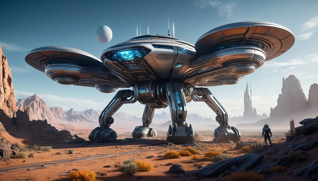 An off-world outpost in the best quality, 4k, 8k, highres, and a masterpiece with a scaling factor of 1.2, presenting ultra-detailed and realistic visuals. The outpost is set in an unknown distant planet, revealing a highly advanced civilization and cutting-edge technology.
The main focus is a futuristic structure, gleaming with metallic materials and smooth surfaces. Its architectural design showcases a blend of geometric precision and organic curves, suggesting both elegance and efficiency. The outpost stands tall, emitting a soft, neon-like glow that contrasts beautifully with the dark, mysterious landscape surrounding it.
A bustling atmosphere fills the scene, with fully rendered humanoid robots gliding seamlessly through the environment. Their sophisticated appearances include intricate details such as glistening circuit patterns and delicately moving joints. The robots efficiently perform tasks, demonstrating their seamless integration into the outpost's operations.
In the background, sprawling alien flora can be seen, with vibrant colors and unusual shapes. These plants emit a subtle bioluminescent glow, creating an otherworldly ambiance. The air is tinged with a mix of fresh scents and metallic undertones, suggesting the presence of advanced life-support systems within the outpost.
The lighting in the scene is atmospheric and captivating. Variations of soft, diffused light pour from strategically placed sources, casting gentle shadows that enhance the three-dimensional feel of the outpost and its surroundings. The interplay of light and shadow adds depth and realism to the visual narrative.
The overall color palette is a harmonious blend of cool and warm tones. The metallic structures exhibit shades of metallic silver and hints of iridescent blues, evoking a sense of technological advancement and sophistication. The surrounding landscape and alien flora feature soft pastel hues, showcasing the beauty and diversity of the off-world environment.