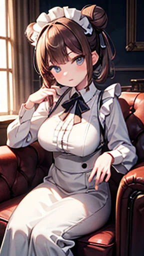 (White long sleeve shirt), (Open the chest), (masterpiece),((Very detailed)), (Highly detailed CG illustrations), (Highest quality), (One Girl), High-quality texture, Intricate details, Detailed Texture, High Quality Shadows, Realistic facial expressions, Beautiful and delicate down to the last detail, Beautiful and delicate eyes, Perfectly balanced face, Written boundary depth, perspective, Thin face, (Big eyes:1.2), Perfect body, (Glowing Skin), Focus Only, (Brown Hair), Light source contrast, Maid clothes, English-style maid, Donut hair bun, Antique furniture, Sitting on a leather sofa,Large Breasts
