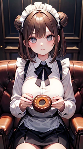 (White long sleeve shirt), (Open the chest), (masterpiece),((Very detailed)), (Highly detailed CG illustrations), (Highest quality), (One Girl), High-quality texture, Intricate details, Detailed Texture, High Quality Shadows, Realistic facial expressions, Beautiful and delicate down to the last detail, Beautiful and delicate eyes, Perfectly balanced face, Written boundary depth, perspective, Thin face, (Big eyes:1.2), Perfect body, (Glowing Skin), Focus Only, (Brown Hair), Light source contrast, Maid clothes, English-style maid, Donut hair bun, Antique furniture, Sitting on a leather sofa,Large Breasts