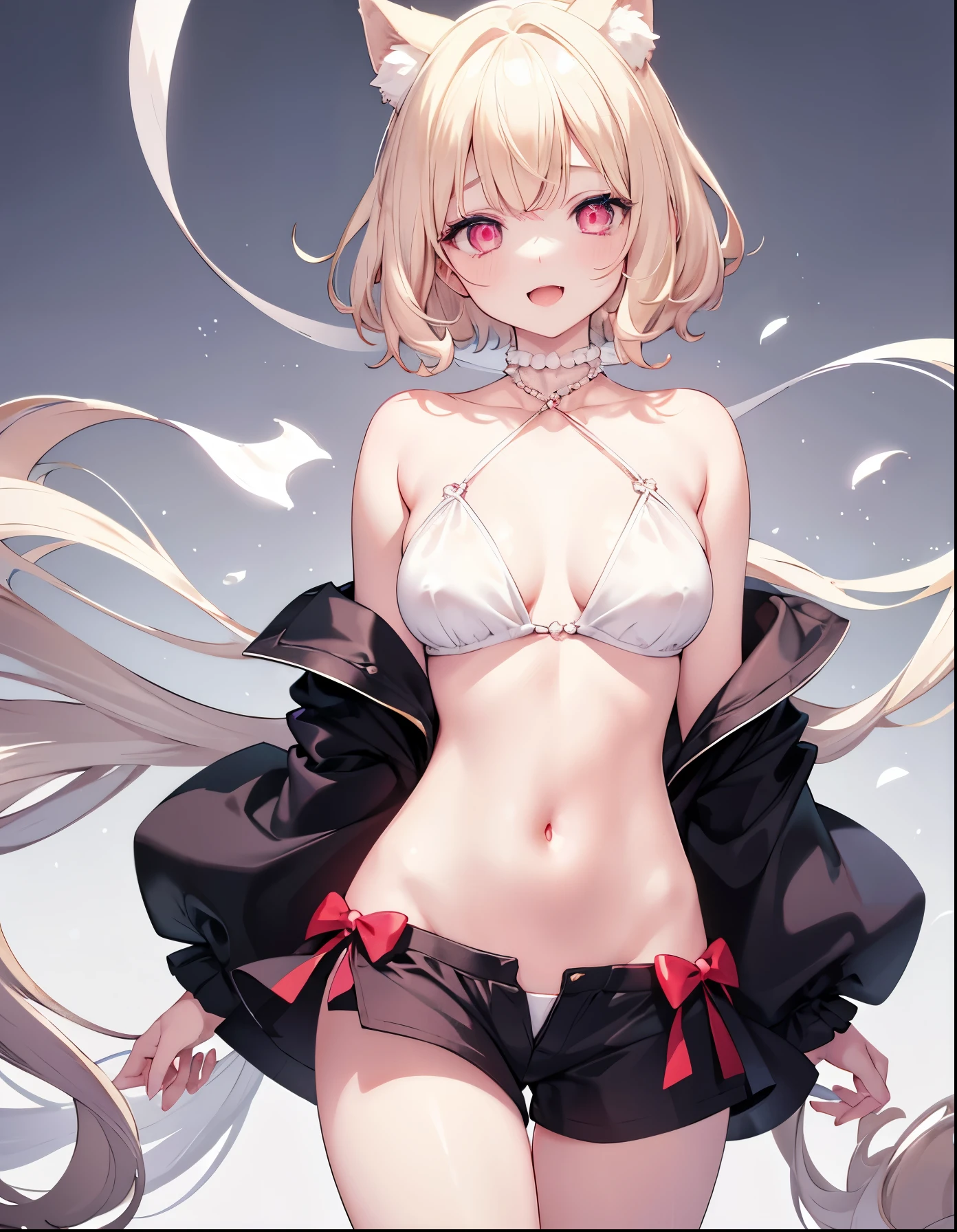 1girl,Sexy pretty girl,shiny gold platinum blonde hair, Bobcut,curly hair、Dog ears、Red sparkling eyes、detailed cute eyes,(glowing eyes:1.4),laugh heartily,((Droopy eyes)),22 years old,posing,skinny body shape,short of a person,smiling open mouth,flushed cheeks,white silk Clothes shirt, sparkle, flowing transparent white,pearls choker,sensual pose,A little sexy,Masterpiece, best quality,(watercolor style illustration),photography,leaf shorts,