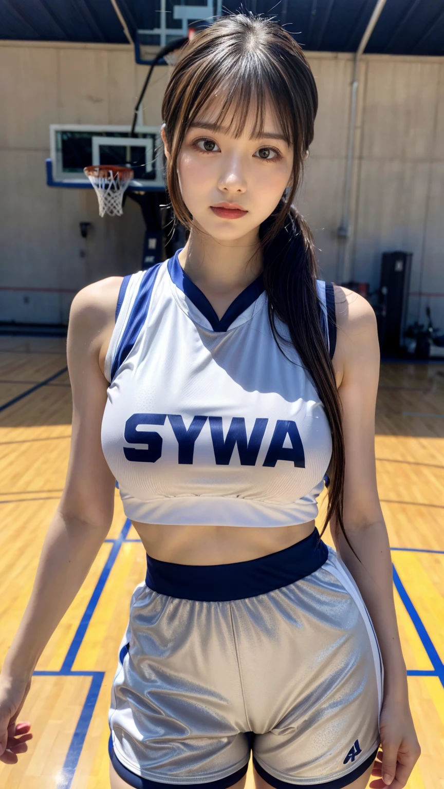 (8K, RAW Photos, Highest quality, masterpiece:1.2), masterpiece, super detailed, super high quality, (Realistic and photorealistic photography:1. 37), High-resolution RAW color photos, Very delicate and beautiful, highly detailed, 8k wallpaper, wonderful, detailed, Very eye, very detailed, very detailed skin, very thin fingers, very detailed nose, very detailed mouth, Perfect Anatomy, BREAK,18 year old girl, ponytail, huge breasts, colossal tits, very huge round breasts, (perfect body shape:1.1), Big Natural Color Lip, cute type, ta, (Details High quality, realistic depiction of eyes:1.3), Beautiful makeup, glitter makeup, BREAK, (basketball sportswear, sporty short pants:1.2), hair band, play basketball, BREAK, (gymnasium:1.2), bold sexy pose, hposing Gravure Idol, full body photo