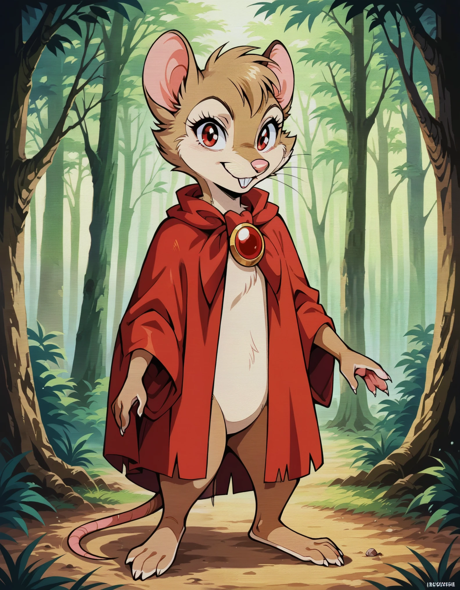 score_9, score_8_up, score_7_up, ource_furry, source_safe, retro anime, 1990s, scanlines, best quality, forest, BREAK, 1girl, mrsbrisby_tsonimh, mouse girl, semi-anthro, furry, brown fur, wearing red cape, wearing red pendant, mostly nude, standing, closed mouth, looking at viewer, smile, buck teeth, featureless crotch, featureless chest ,,,show accurate, full body, hungry body, simple background, (solo), (semi anthro), mouse, female mouse, fur body, ultra fine fur, standing, red eyes, (light brown dull fur), determined look, black open cape, red inner cape, silver cape brooch, 