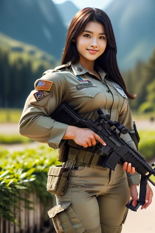 (8K, Raw-Photo, best qualtiy, tmasterpiece:1.2),(realisticlying, photograph realistic:1.4),(Highly detailed CG unity 8k wallpaper),(Round face: 1.5), (detailed pupil:1.3),(Cool Eyes:1.1),(little smile:1.1),(Unforgettable Eyes:1.1),(The eyes are so beautiful:1.1),A young but very beautiful 35-year-old Malay female soldier stands in front of a snowy mountain valley,female soldiers don't wear clothes, oily body ((tense breasts)) ,K2 rifle in hand,Clothed Malaysia. Army Digital Camo Uniform, strong muscles,Commando Girl, assault rifle, (holding rifle: 1.3), (Aim and hold the rifle...: 1.3),navels, glove, Ripped military pants,