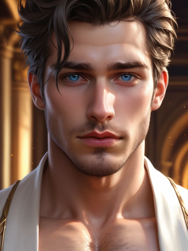 score_9, score_8_up, realistic, A handsome man, chest showing, body hair, Artwork, best quality, high resolution, Close-up portrait, bad, Greek God, fantasy, league of legends style, beautiful figure painting, bright light, Amazing composition, front view , hdr, volumetric lighting, ultra quality, elegant, highly detailed