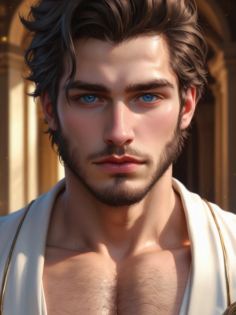 score_9, score_8_up, realistic, A handsome man, chest showing, body hair, Artwork, best quality, high resolution, Close-up portrait, bad, Greek God, fantasy, league of legends style, beautiful figure painting, bright light, Amazing composition, front view , hdr, volumetric lighting, ultra quality, elegant, highly detailed
