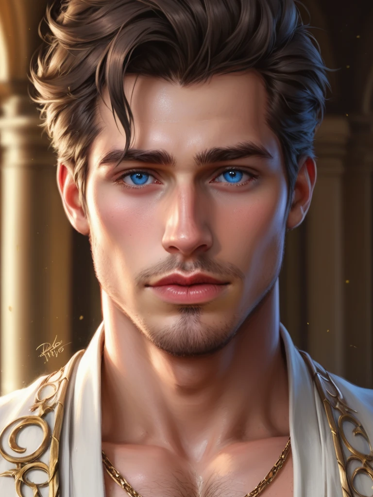 score_9, score_8_up, realistic, A handsome man, chest showing, body hair, Artwork, best quality, high resolution, Close-up portrait, bad, Greek God, fantasy, league of legends style, beautiful figure painting, bright light, Amazing composition, front view , hdr, volumetric lighting, ultra quality, elegant, highly detailed