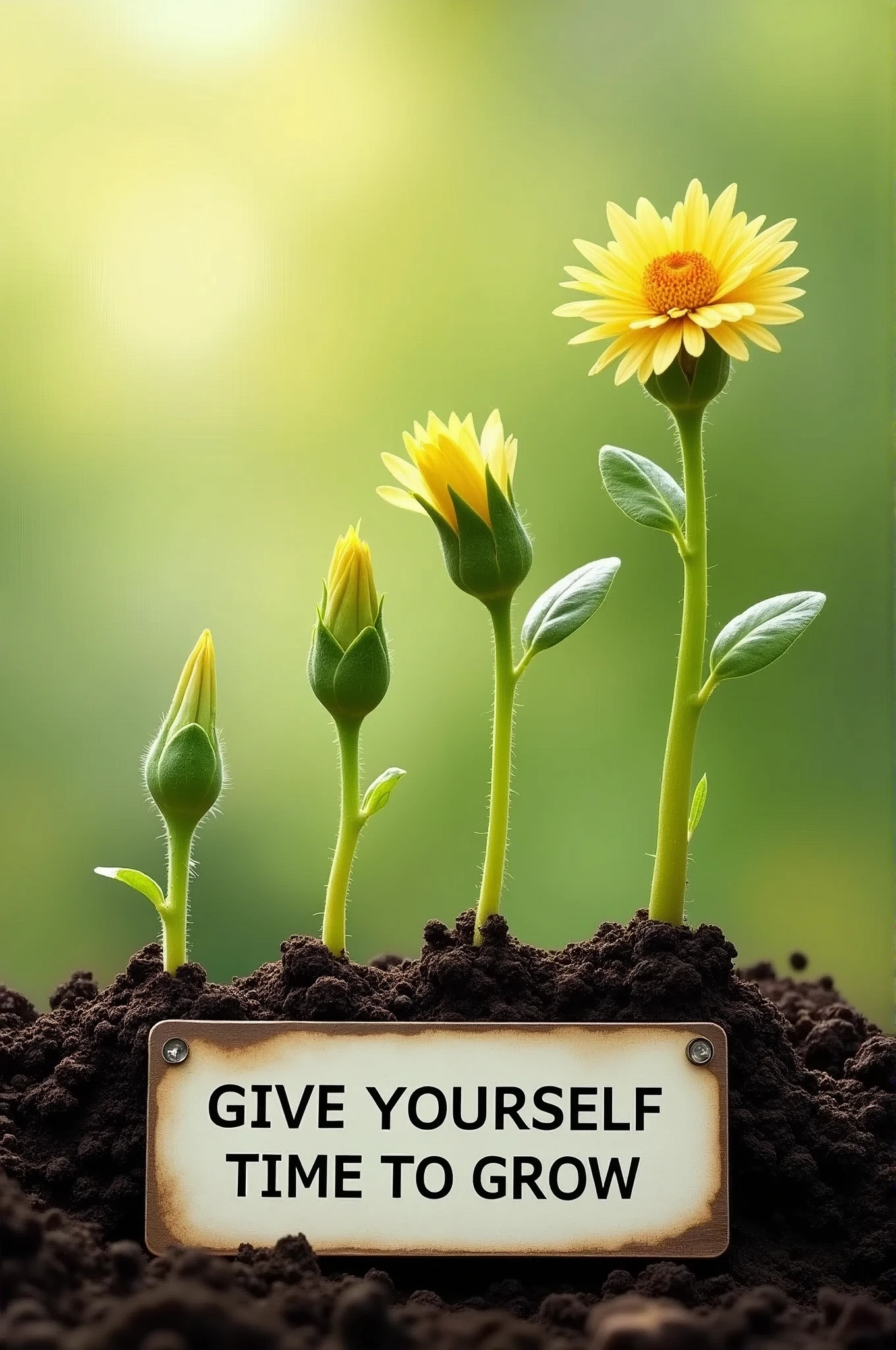 A stunning, inspirational photograph featuring four sprouts symbolizing personal growth and development. The first sprout is a tiny, vivid green stem with a small, radiant yellow seed. As the viewer's eye moves right, each sprout grows taller, maintaining their green stems and small yellow seeds. The tallest sprout stands out with a flourishing green stem and a stunningly beautiful flower emerging from the seed. Beneath the sprouts, a refined and sophisticated sign reads "GIVE YOURSELF TIME TO GROW", emphasizing the importance of patience and nurturing growth in life.