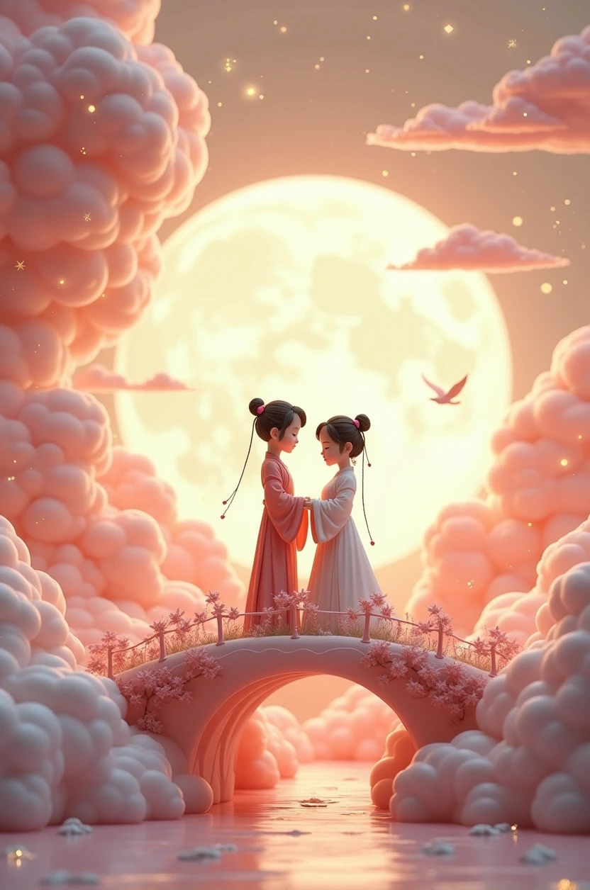In a vast 3D universe,The Cowherd and the Weaver Girl stand on a magpie bridge made of soft pink clouds。Traditional Chinese ancient clothing,Traditional arch bridge,These clouds are fluffy and soft,As if just plucked from the sky,Each flower has a delicate texture and slight elasticity.。The edge of the magpie bridge is still hung with strings of glittering pearl-like dewdrops.,About to drip。Huge Moon。The starry sky around,Stars are not the usual sharp points of light,But each one is round and full、A ball of light woven from soft threads of light,Exudes a soft and warm glow,Like freshly baked marshmallows。The clothes worn by the Cowherd and the Weaver Girl are made of silk that is as light as mist.,When the wind blows,The folds of silk flow naturally like water ripples,The edges of the clothing are inlaid with fluffy white down.,Adds a bit of warmth and romance。Their hair is not a rigid line.,But a strand of silky soft、Slightly curly filaments,As if I could feel the gentle breeze。Clay Style。