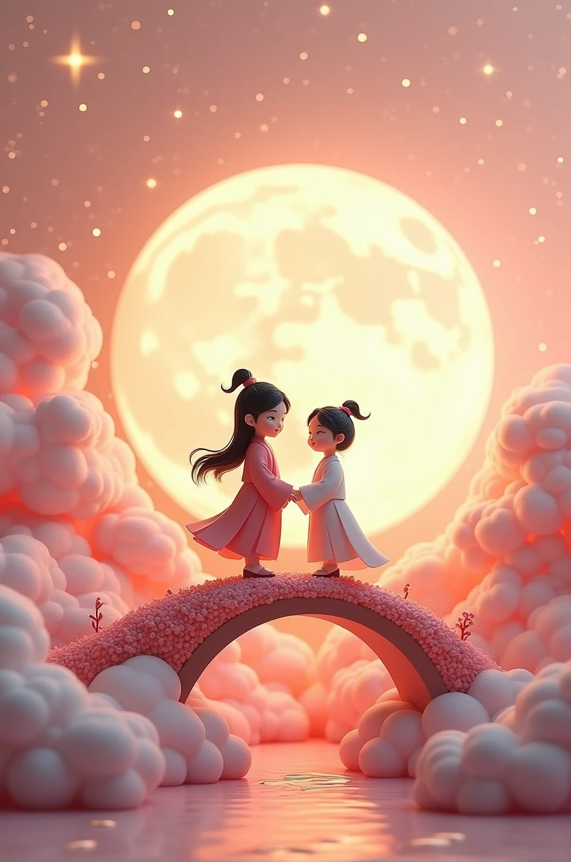 In a vast 3D universe,The Cowherd and the Weaver Girl stand on a magpie bridge made of soft pink clouds。Traditional Chinese ancient clothing,Traditional arch bridge,These clouds are fluffy and soft,As if just plucked from the sky,Each flower has a delicate texture and slight elasticity.。The edge of the magpie bridge is still hung with strings of glittering pearl-like dewdrops.,About to drip。Huge Moon。The starry sky around,Stars are not the usual sharp points of light,But each one is round and full、A ball of light woven from soft threads of light,Exudes a soft and warm glow,Like freshly baked marshmallows。The clothes worn by the Cowherd and the Weaver Girl are made of silk that is as light as mist.,When the wind blows,The folds of silk flow naturally like water ripples,The edges of the clothing are inlaid with fluffy white down.,Adds a bit of warmth and romance。Their hair is not a rigid line.,But a strand of silky soft、Slightly curly filaments,As if I could feel the gentle breeze。Clay Style。