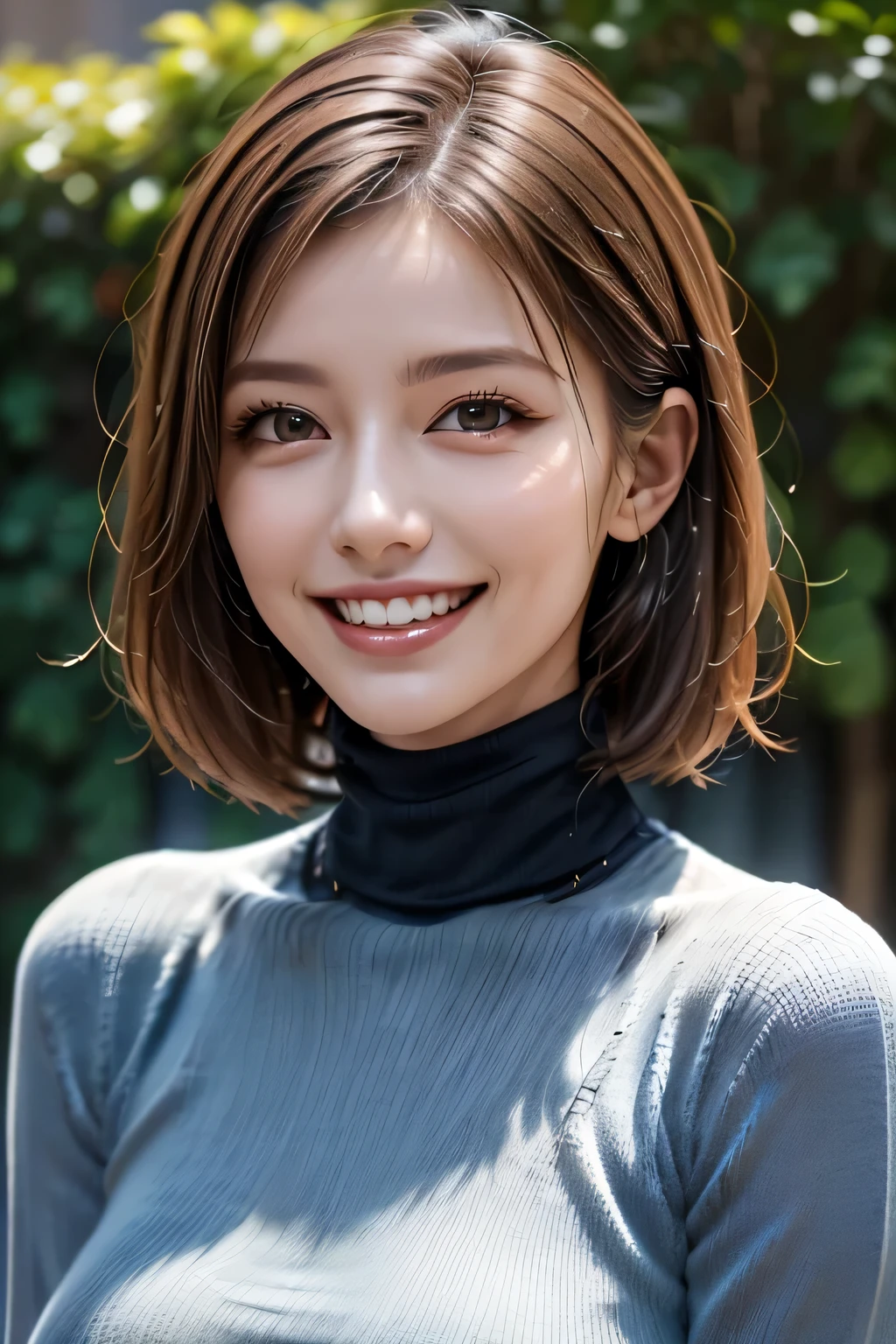 ((masterpiece)), ((Highest quality)), ((Complex)), ((Surreal)), (Realistic), (Mature Woman), ((There are no classes)), Very detailed, (1 female), Beautiful and exquisite, (Beautiful Teeth), Grin, Brunette bob hair, Brown eyes, ((Turtleneck sweater)), (Upper Body), (background:none), Perfect Eyes, Captivating eyes, Looking at the audience