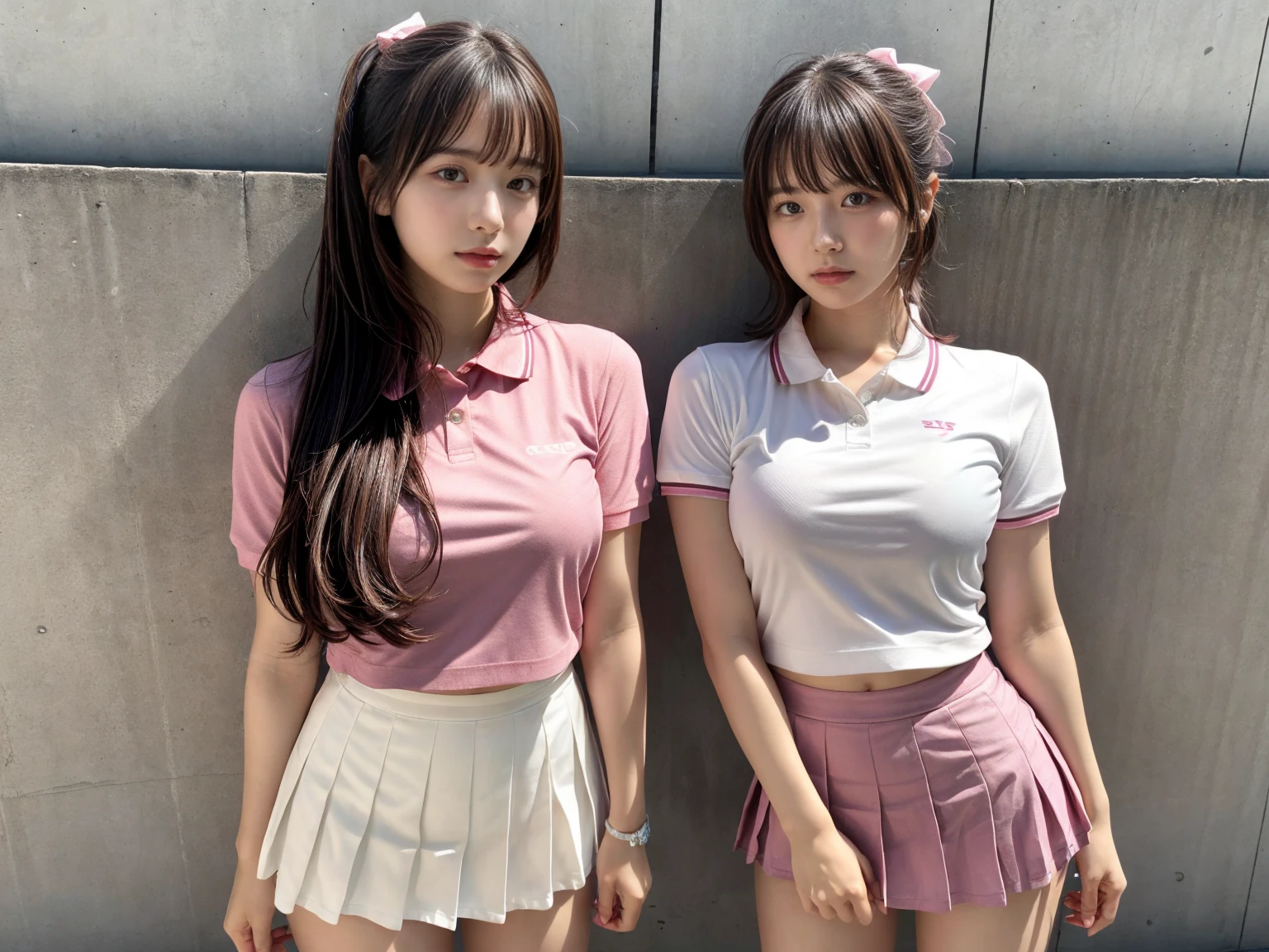 masterpiece, best quality, illustration, Super detailed, fine details, High resolution, 8K,wall paper, perfect dynamic composition,(Details High quality, realistic depiction of eyes:1.3), (2 girls), BREAK (white theme:1.4), (tucked-out short sleeve white polo shirt:1.4), (pink lines on tops outline:1.3), (pure white pleated mini skirt:1.3), (hem of top covers top half of skirt:1.3), (pink fluffy scrunchie on wrist:1.3), (white and pink sports shoes:1.2), short bob hair, (large breasts:1.2), plumpy body, black hair color, Big Natural Color Lip, (perfect body shape), crying a little、Harajuku style、20 year old girl、cute type、beautiful legs, Gravure Idol