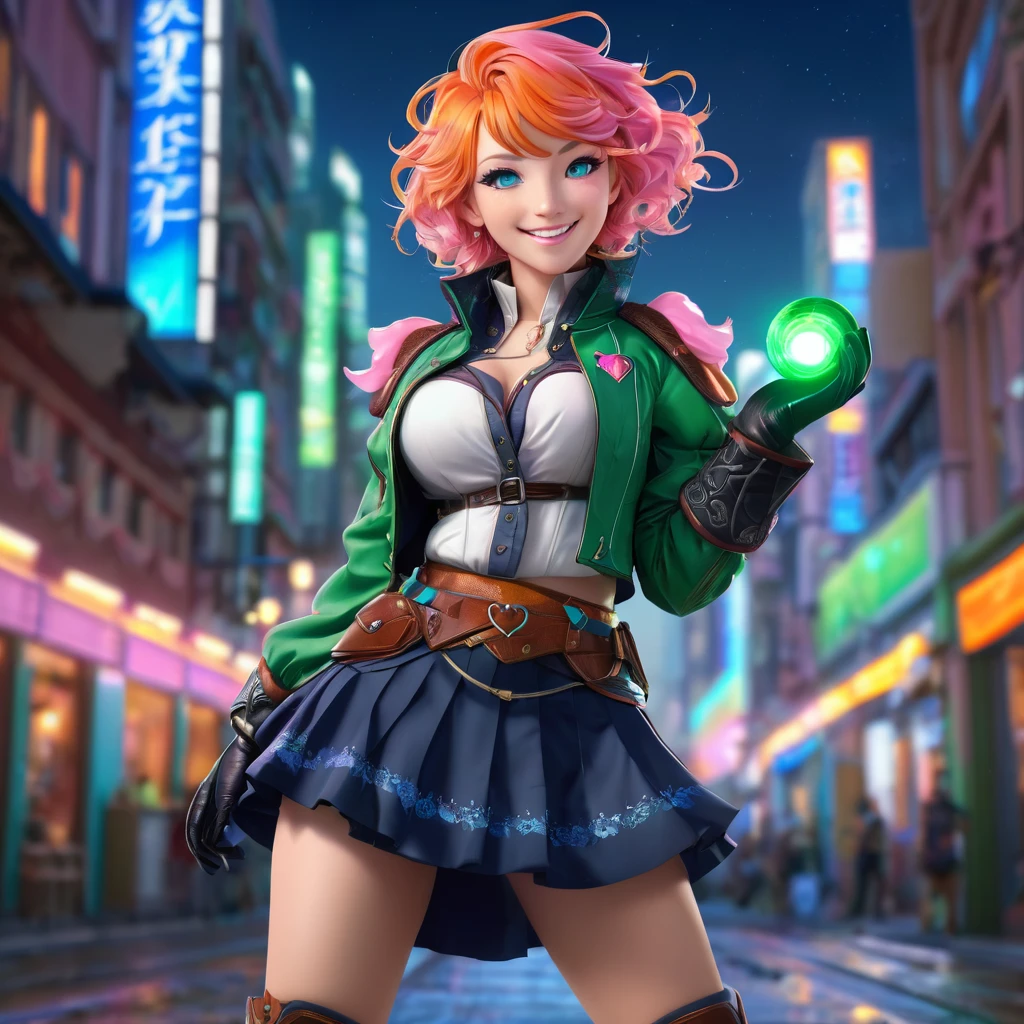 Elfess,cowboy shot, beautiful nora_valkyrie, looking at viewer, smile, wavy green hair, blue eyes,heart cutout, gloves, unbuttoned jacket, lifting skirt, pink belt, short sleeves, puffy sleeves, single armband, fingerless gloves, orange hair, pink gloves, dynamic pose, night, outdoors, city, (volumetric lighting), best quality, masterpiece, intricate details, tonemapping, sharp focus, hyper detailed, trending on Artstation