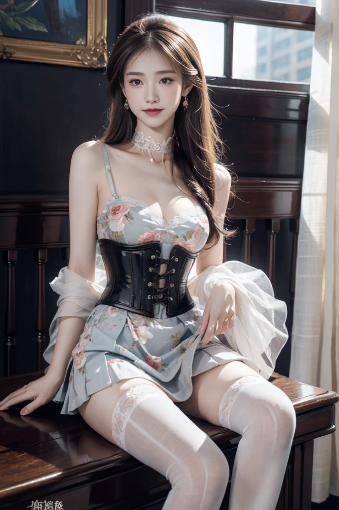 floral print, metal corset, pleated micro skirt, lace trim, choker, thighhighs ((1 Girl, Elegant Posture)), Natural leg proportions, Sexy beautiful legs, correct, 解剖学correct, Visible cleavage, masterpiece, (best quality, high resolution, masterpiece:1.2), Extremely detailed, (Practical, photoPractical, photo-Practical:1.37), Official Art, CG, 解剖学上correct, Cool action，Long blond hair，Smile，Elegant Posture, Sexy pose, Seductive expression, Sexual expression，Colorful color scheme，Trendy clothing，Columnar plaque background，Geometric pattern stitching background, Movie, photography, Intricate background, Soft lighting, Subtle shadows, Vibrant colors, Expressive eyes, beautiful, Luxury boutiques, environment, Moments of honesty, Natural expression, Detailed texture, Fine details, Refined and elegant, Exquisite style, Artistic Composition, beautifully presented.