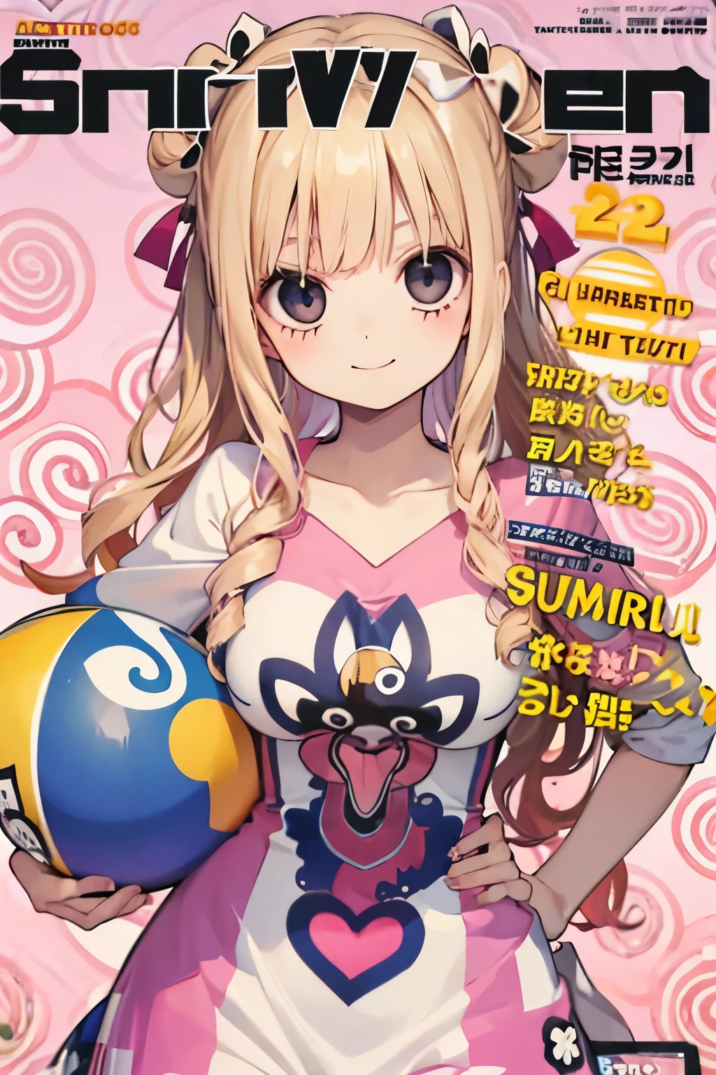 girl,light golden hair,Twin curly hair,BREAK//(balloon sleeve and short sleeve),((summer costume:1.3)),((BREAK//)),((swirl pattern background:1.6)),close up of face,Smile,(magazine cover:1.3).