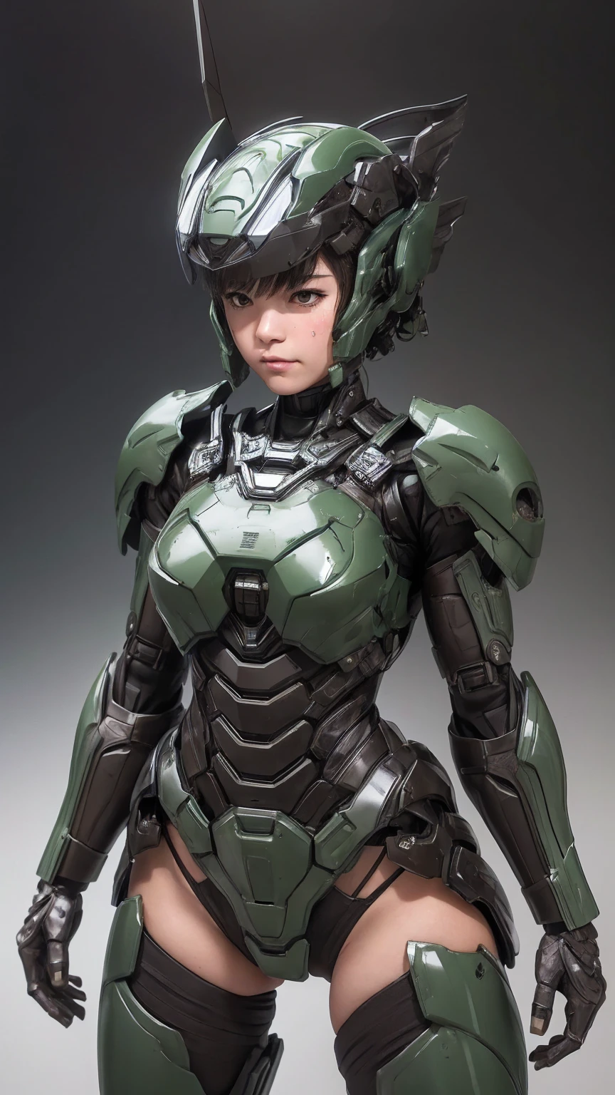 Textured skin, Super Detail, Attention to detail, high quality, 最high quality, High resolution, 1080P, hard disk, beautiful,(War Machine),beautifulサイボーグ女性,Dark Green Mecha Cyborg Girl,battle,Girl with a mechanical body,、Junior high school girl Very Short Hair、Sweaty brown eyes、Sweaty face、Embarrassed expression blush cute Black-haired ((Steam coming out of the head)) Glasses Rear view Low - Angle Spread your legs I can see the vagina (Shyness) Cramp